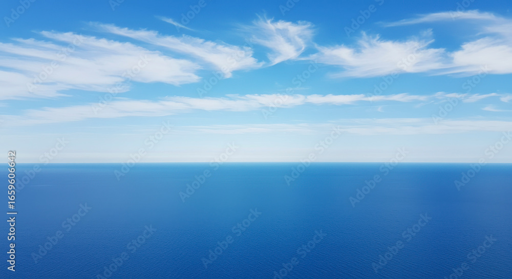 Fototapeta premium Vast Blue Ocean Horizon Under a Cloudy Sky Drone Aerial View