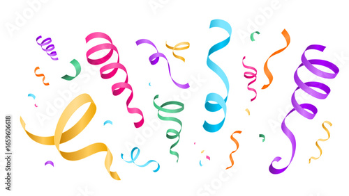 Confetti celebration vector background with colorful 3d gradient serpentine ribbons. Anniversary, carnival, birthday banner illustration in cartoon style with paper streamers. Festive isolated design