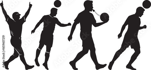 Male soccer player celebrating dribbling and heading with ball vector silhouette