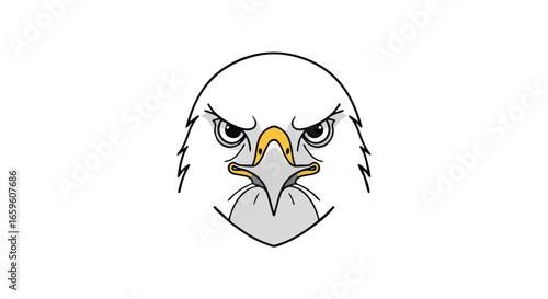 A clean, symmetrical illustration of a fierce eagle's head, staring directly forward with an intense, angry expression.