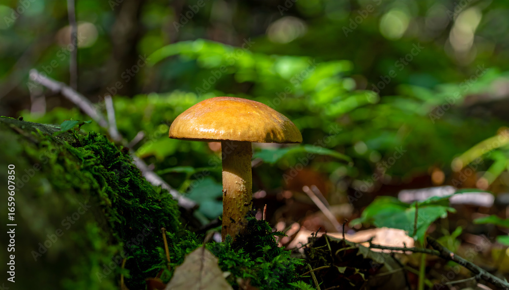 Fototapeta premium Isolated mushroom growing on forest floor covered with green moss and leaves