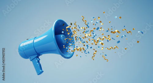 Exciting Announcement Celebration with Blue Megaphone and Golden Confetti Flying Outwards