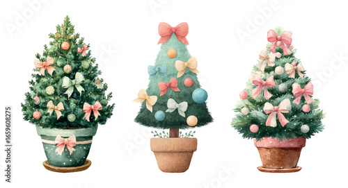 Watercolor set of Christmas trees in a pot. Cute Christmas trees decorated with balls and pink garlands. Concept of cute miniature Christmas trees decorated in pastel colors. Christmas tree in a pot.