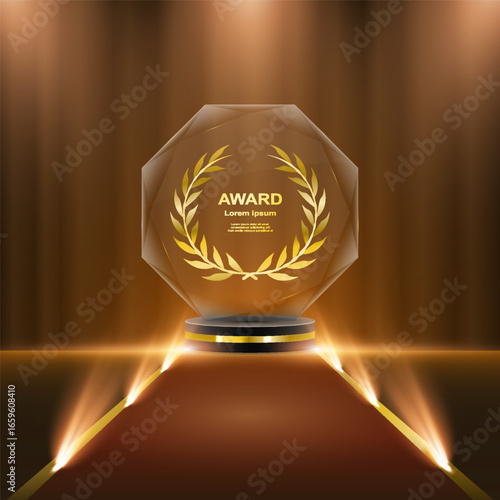 Gold award podium with laurel wreath, ribbon, stars and glitter on dark background. Vector golden symbol of victory, success, achievement and rewarding of winner for luxury design projects.