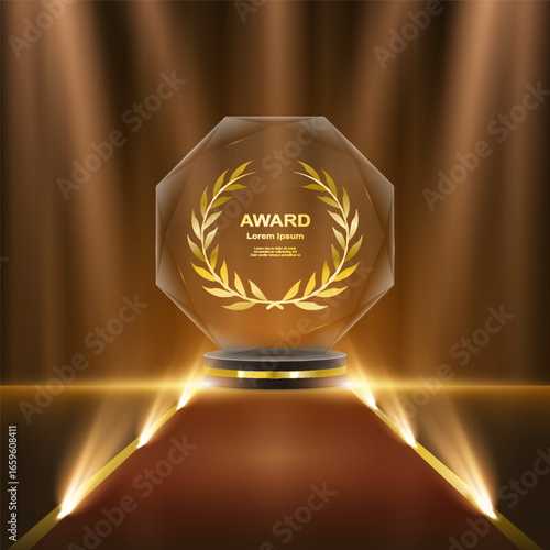 Golden victory podium with laurel wreath, ribbon and shining stars. Luxury vector stage with glitter effect on dark background. Symbol of triumph, competition success and celebration.