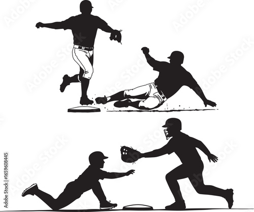 Baseball players sliding to base vector silhouette