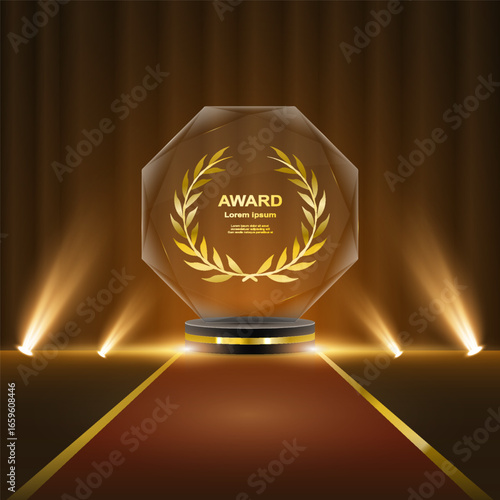 Luxury golden podium with laurel wreath and ribbon. Glittering award stage with shining stars and sparkles on dark background. Vector winner trophy symbol of celebration and achievement.