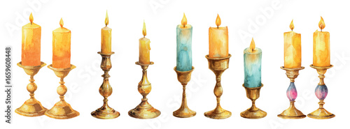 Watercolor set of wax candles in gold candlesticks. Wax candles with burning wicks stand in delicate gold candlesticks. Elements of classic candles for holidays, decor, etc.