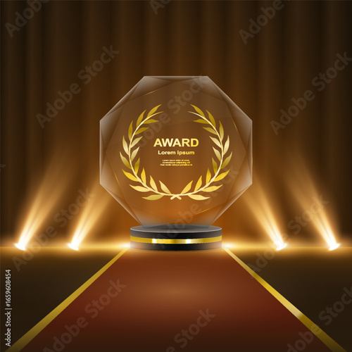 Vector golden podium with wreath and ribbon. Luxury award stage with glitter, lights, stars, sparkles. Perfect for victory, competition, achievement, success, reward and event decoration.