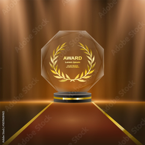 Vector golden podium with wreath and ribbon. Luxury award stage with glitter, lights, stars, sparkles. Perfect for victory, competition, achievement, success, reward and event decoration.