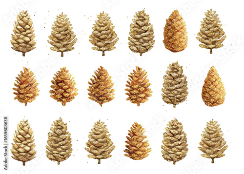 Set of golden pine cones. Watercolor pine cones in gold glitter. Gold glitter pine cones with sparkles. Christmas and New Year decor elements. Vector illustration.