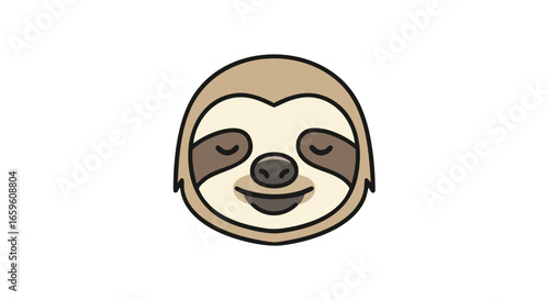 A cute and simple cartoon illustration of a smiling sloth's head with closed eyes, depicted in a minimalist icon style.