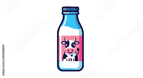 A cartoon illustration of a glass bottle of milk with a blue cap and a pink label featuring a happy cow.