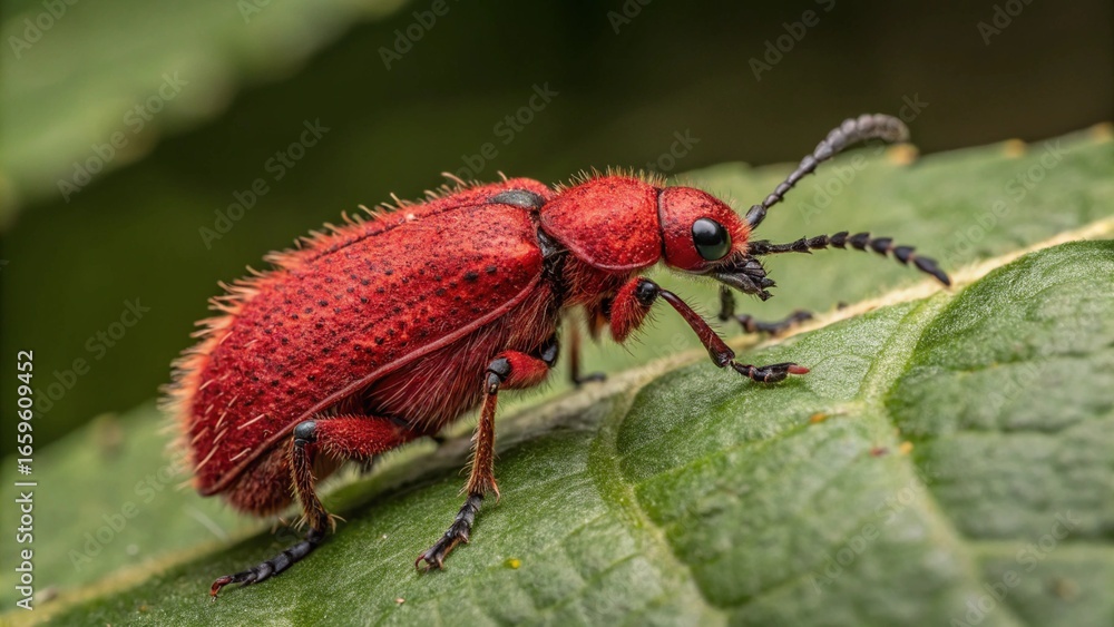 Naklejka premium A tiny red insect on a green leaf is captured in a macro close-up, highlighting its delicate antenna and a shiny black body