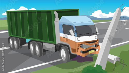Accident occurred when a container van lost control and spun off the road.Crashed into a concrete pillar breaking it in half. Front of the vehicle was damaged with the bumper broken. And oil leak.