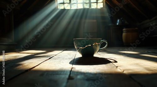 Kintsugi cup on wooden floorboards bathed in sunlight in an attic setting