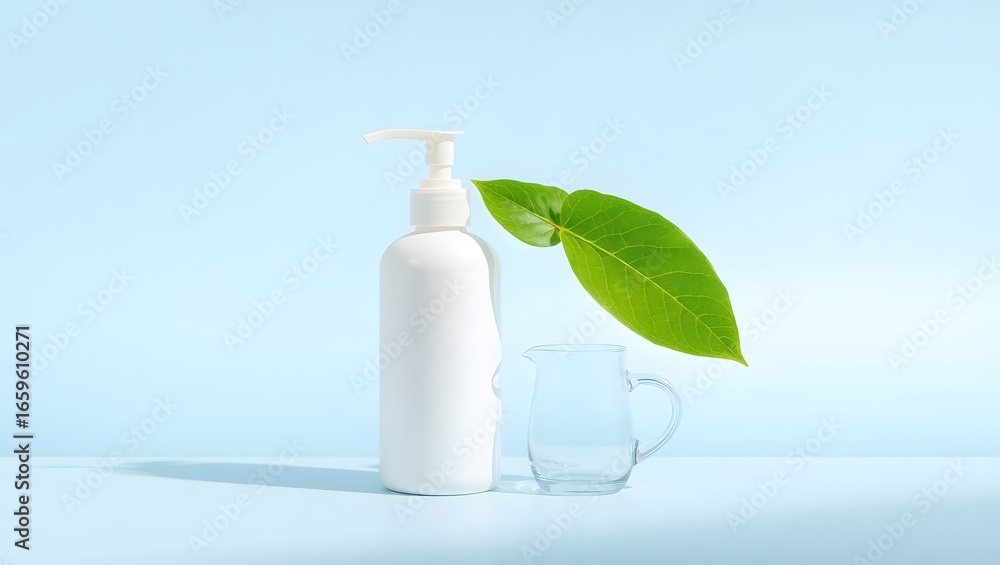 Isolated blank plastic cosmetic pump bottle for lotion and cream with a single flower and a green leaf