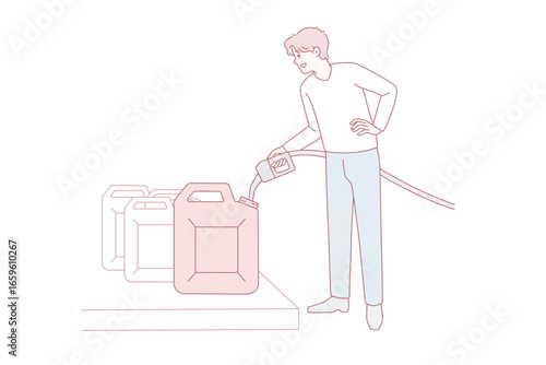 Male driver with pistol hoard petrol in can at gas station. Smiling man buy petroleum collect liquid in canister. Flat vector illustration, cartoon character.