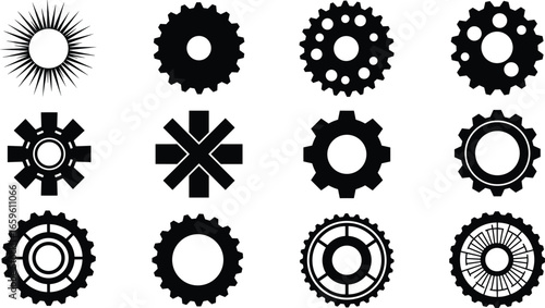Gear icon pack, mechanical gear set, black gear collection, industrial cogwheels, vector gear symbols, rotating machine icons, editable gear parts
