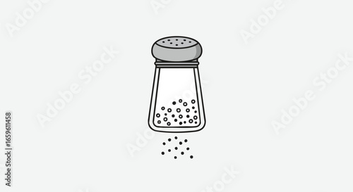 A simple black and white line drawing of a salt shaker dispensing seasoning from its perforated top.