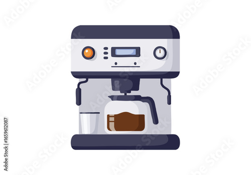 A modern drip coffee maker machine with a glass carafe, illustrated in a flat vector style on a white background.