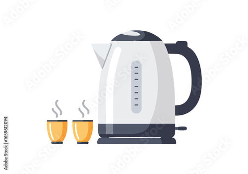 A modern electric kettle boiling water next to two steaming yellow cups, isolated on a white background.