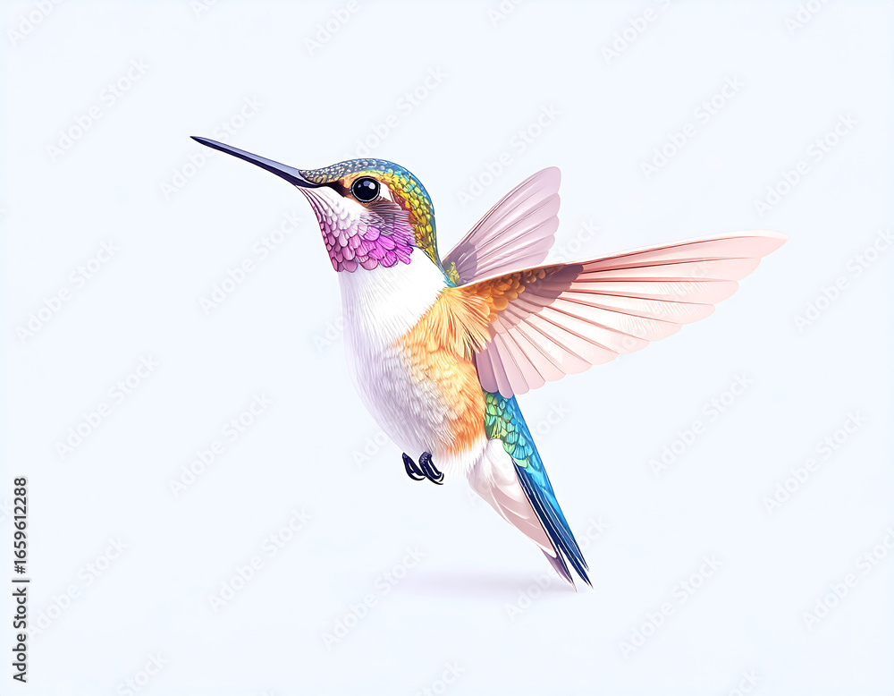 Fototapeta premium Colorful hummingbird in mid-flight showcasing its vibrant plumage in a serene environment