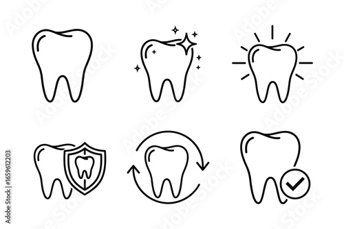 Dental Health Icons Depicting Healthy Teeth and Oral Hygiene Practices with Protection and Regular Checkups for Long Term Dental Wellness