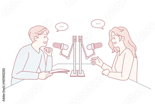 Smiling diverse people talk in studio in microphones record podcast together. Happy radio host interview guest at station. Entertainment industry. Vector illustration.