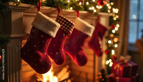 Five red Christmas stockings hanging above a fireplace with decorations  