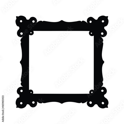 Ornate decorative square frame in black silhouette with unique corner embellishments, A square frame silhouette vector illustration