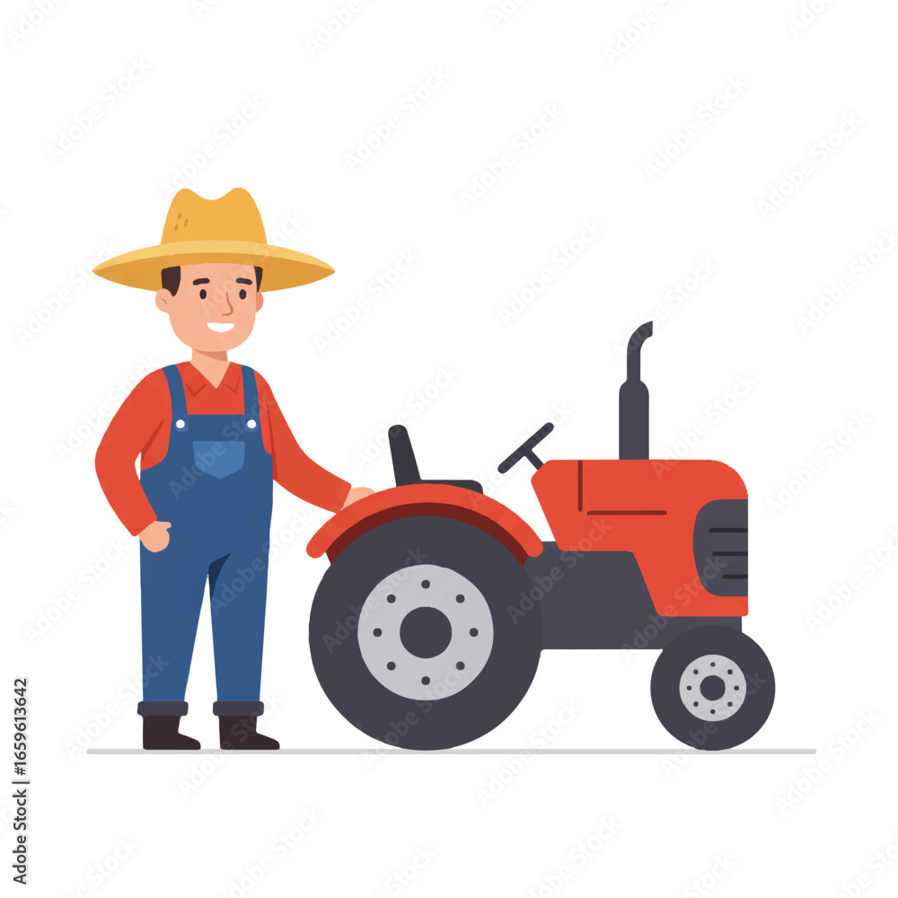 Obraz premium A friendly cartoon farmer stands proudly beside a small red farm tractor in a clean, flat design vector illustration, isolated on a pure white background.