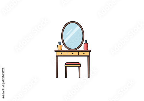 A simple cartoon illustration of a wooden vanity dressing table with an oval mirror, stool, and cosmetic bottles on a white background.