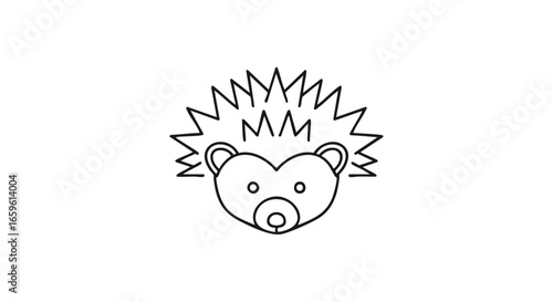 A minimalist black and white line art icon of a cute hedgehog's face with spiky quills on a white background.