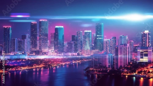 Futuristic urban landscape at twilight showcasing vivid neon reflections on the water