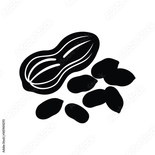Stylized vector illustration of peanuts in shell and shelled, black silhouette, Black peanut  silhouette vector illustration