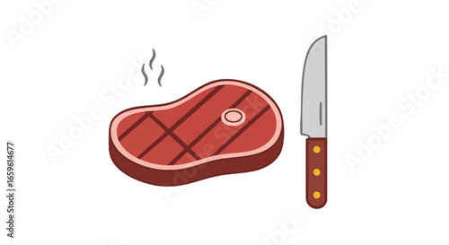 A simple flat illustration of a hot, grilled T-bone steak with grill marks and a steak knife.
