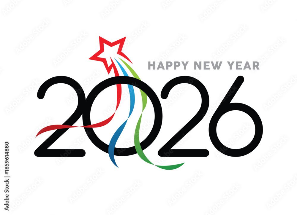 Naklejka premium Happy New Year 2026 Celebration Design with Colorful Star