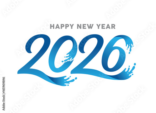 Happy New Year 2026 blue liquid numbers with water splashes