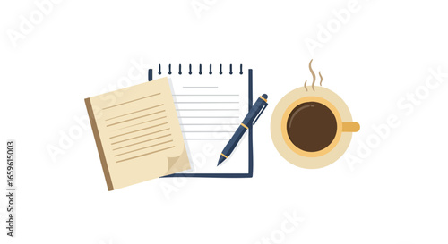 Illustration of a clipboard, pen, paper, and a cup of coffee on a white background.