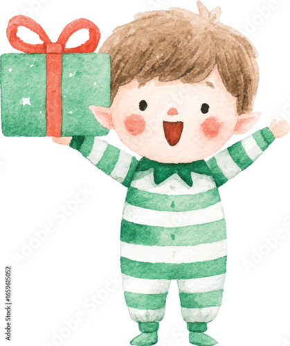 Adorable Christmas Elf Child Watercolor Illustration Holiday Gift.
