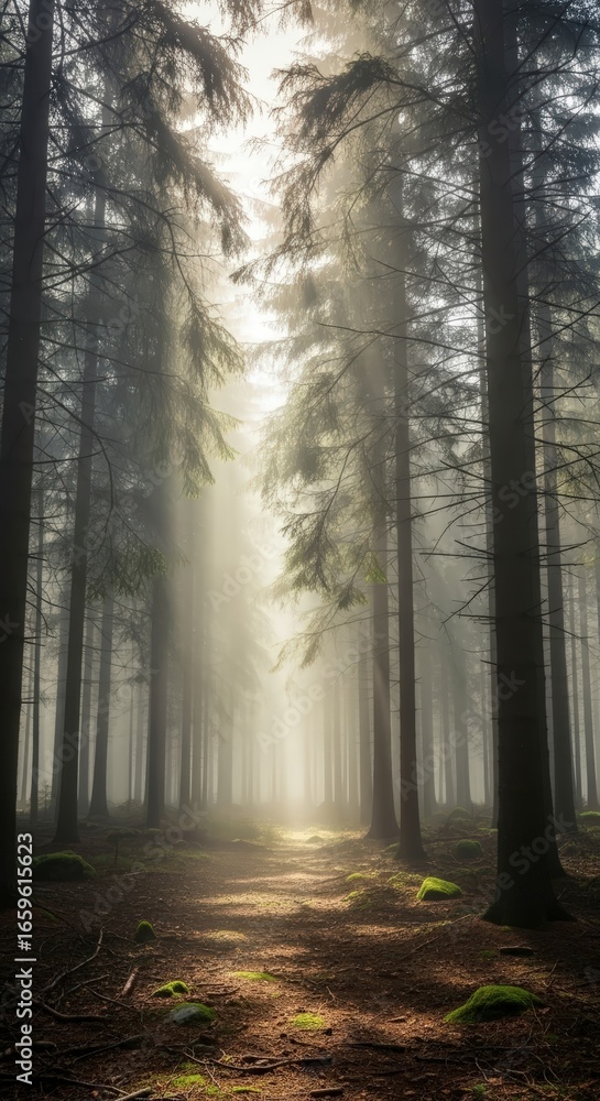 Naklejka premium Ethereal Sunbeams Pierce Morning Fog on a Tranquil Woodland Path.