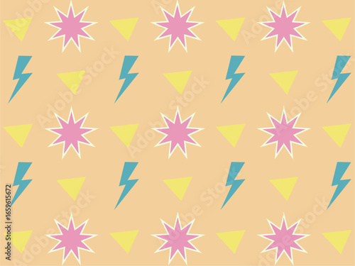 seamless floral pattern, seamless pattern with colorful seamless pattern from triangles on the bright brush strokes background. 80's - 90's years design style. Trendy. Vector illust