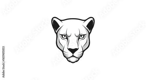 Stylized black and white illustration of a cougar head with a fierce expression, facing forward, in a graphic design style.