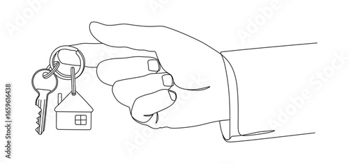 minimal line art illustration of a hand holding a keyring with a house-shaped keychain and a key. It represents real estate, home ownership, property purchase, renting, housing market, mortgage