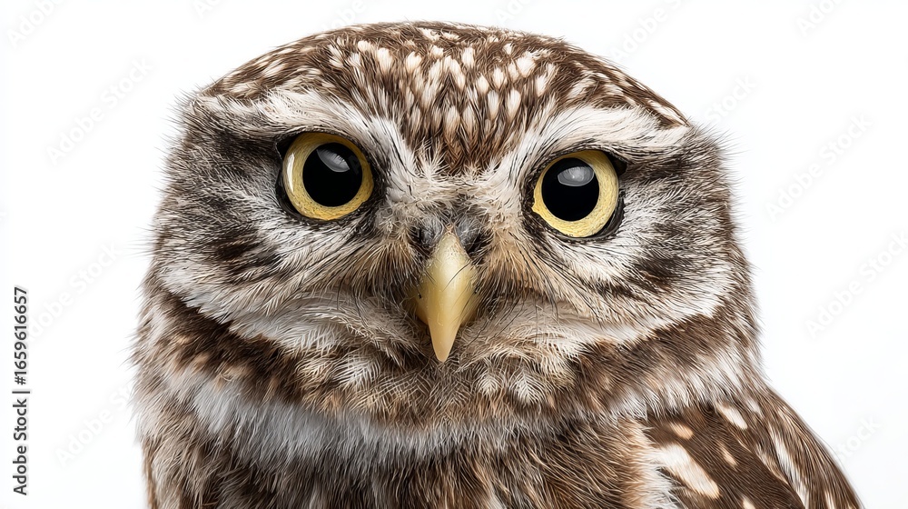 Obraz premium Stunning portrait of a Little Owl with piercing yellow eyes on a bright white background