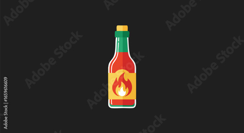 An illustration of a vibrant red hot sauce bottle with a yellow label featuring a fiery orange flame, set against a dark gray background.