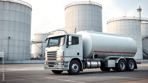 White tanker truck leaving industrial area with fuel storage tanks