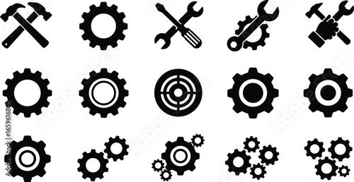 Tool icons set, crossed hammers, wrench and screwdriver, gear wheels, mechanical symbols, industrial equipment, maintenance tools, repair icons, black vector design, technology symbols
