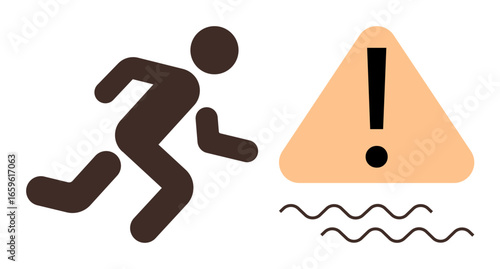 Stick figure running near a triangular caution sign with exclamation mark and wavy lines symbolizing danger. Ideal for safety, caution, warning, hazard, movement, risk, awareness. Simple flat